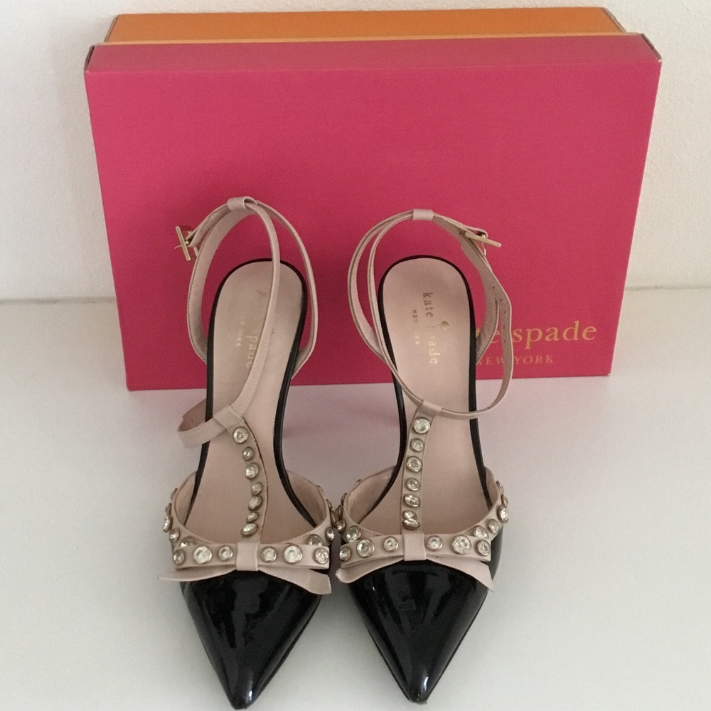 Kate Spade Black and Tan Patent and Blush Crystal T-Strap Pointed Heels